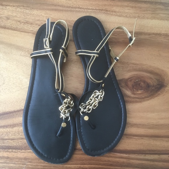 Tory Burch Shoes - Tory Burch gold and navy sling back sandals